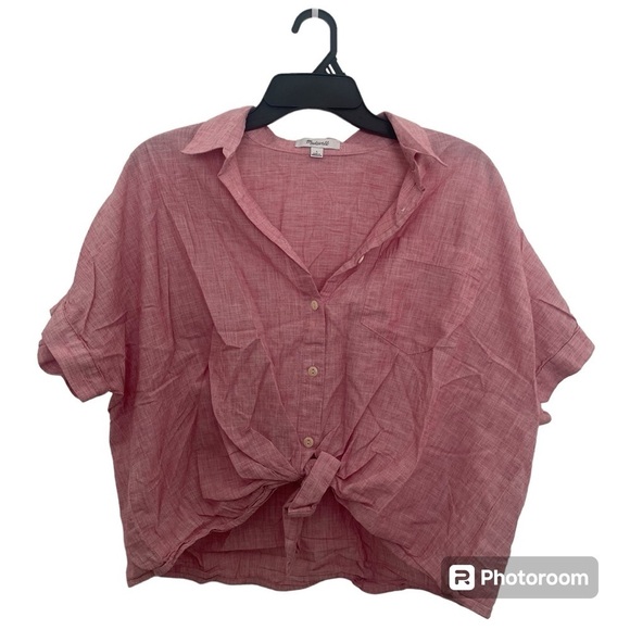 Madewell Red Short Sleeve Button-up Front Knot Shirt In Large - Picture 3 of 12